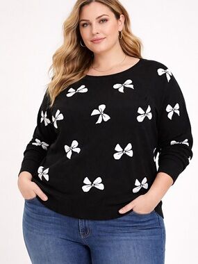 torrid Black Crewneck Sweater with White Bow Motif